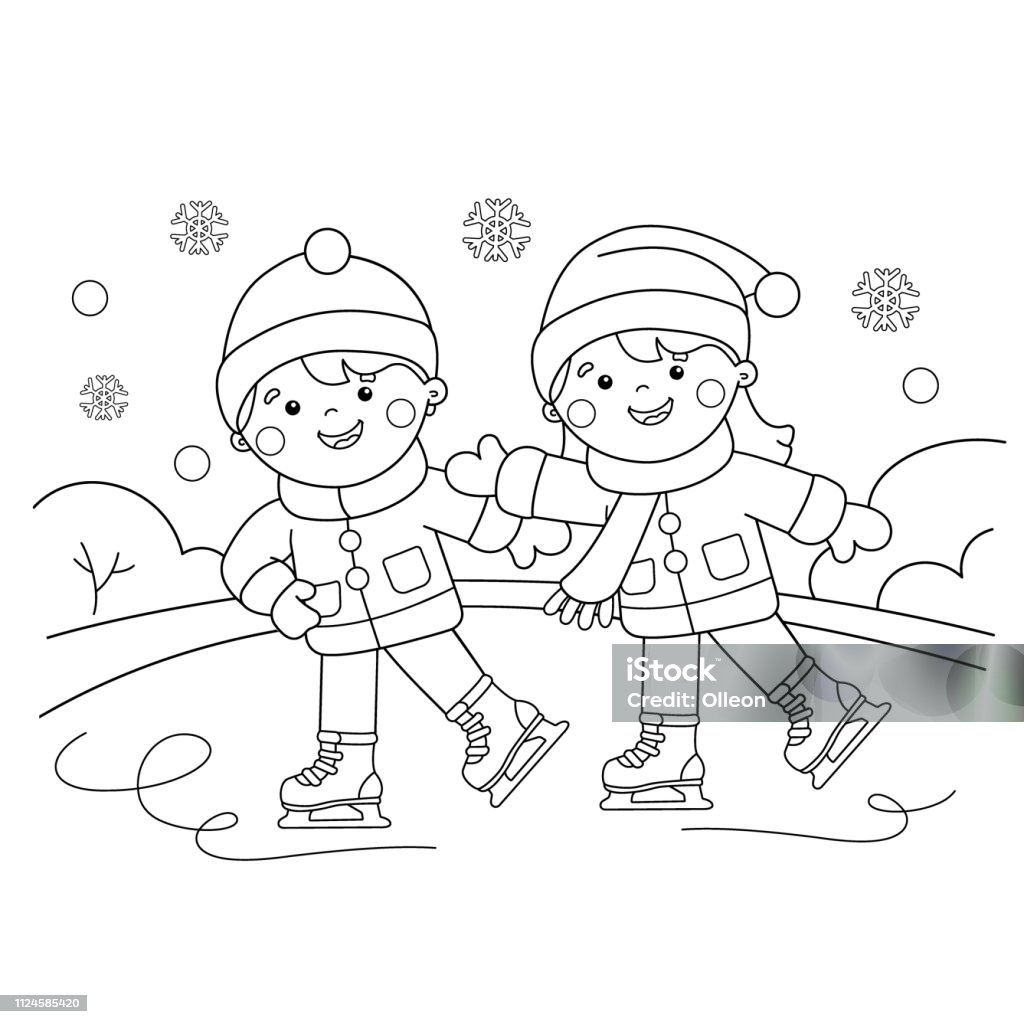 Coloring page outline of cartoon boy with girl skating winter sports coloring book for kids stock illustration