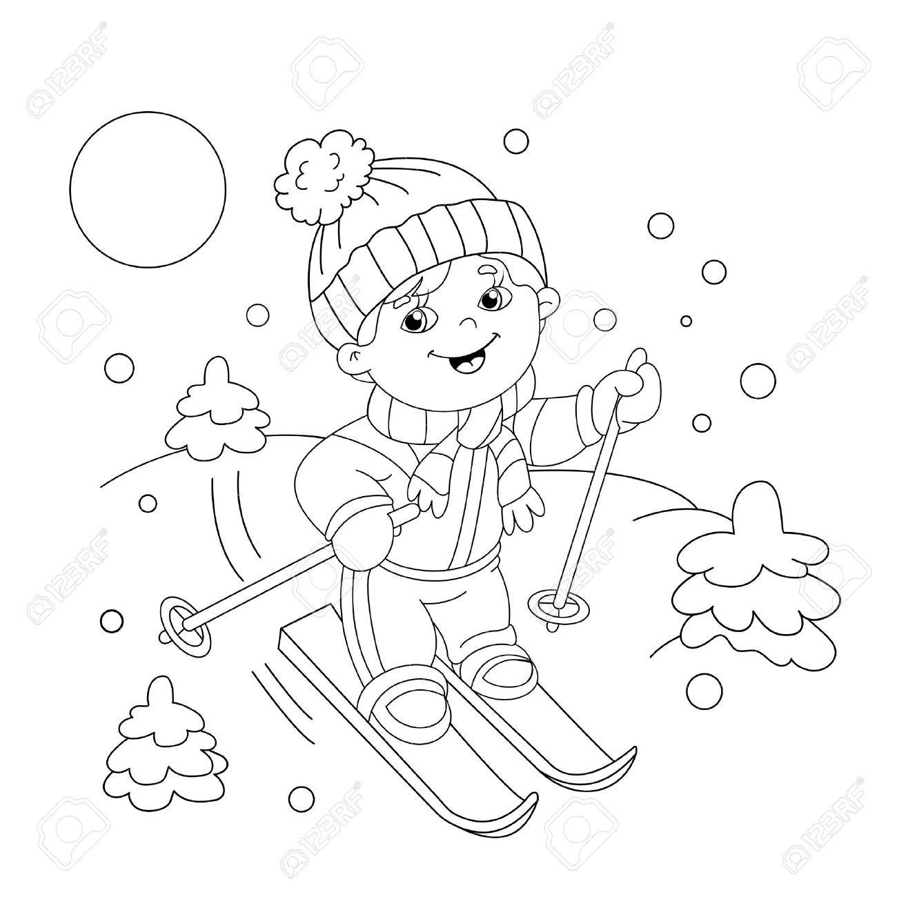 Coloring page outline of cartoon boy riding on skis winter sports coloring book for kids royalty free svg cliparts vectors and stock illustration image