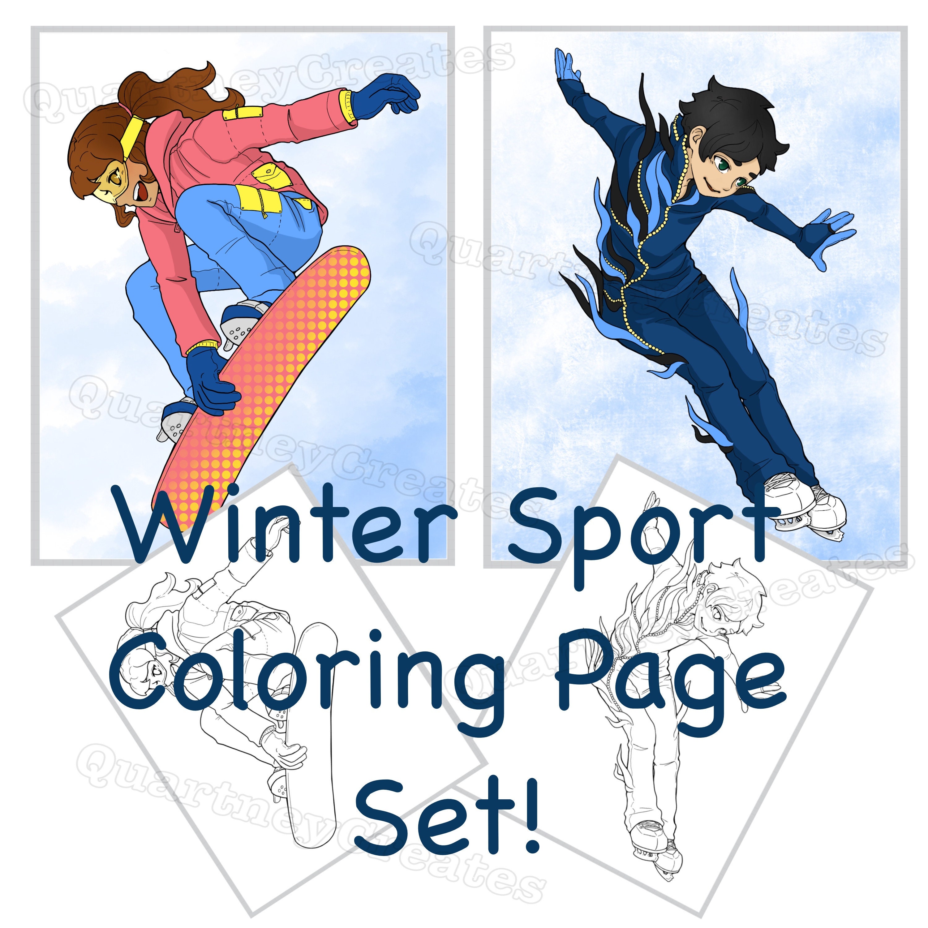 Winter sport coloring page set jpeg pages digital