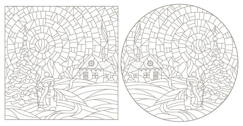 Contour set with illustrations of stained glass windows with winter landscapes dark contours on a white background stock vector