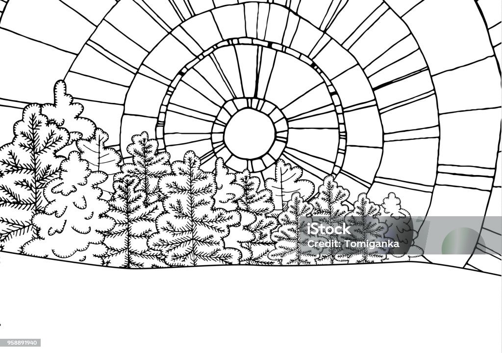 Winter line art design for coloring book pine trees and abstract sun snowy landscape stock illustration