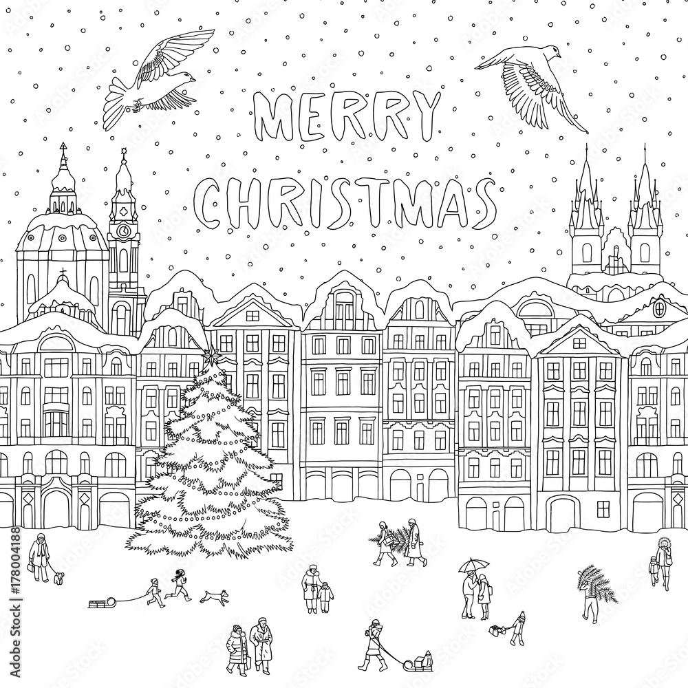 Hand drawn black and white illustration of a city in winter at christmas time line art for coloring book pages greeting card template vector