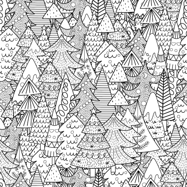 Premium vector christmas trees black and white seamless pattern winter coloring page
