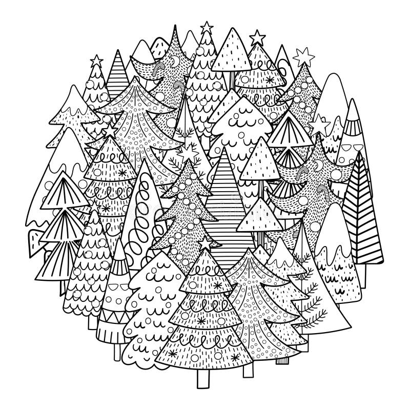 Christmas trees circle shape pattern for coloring book black and white print stock vector