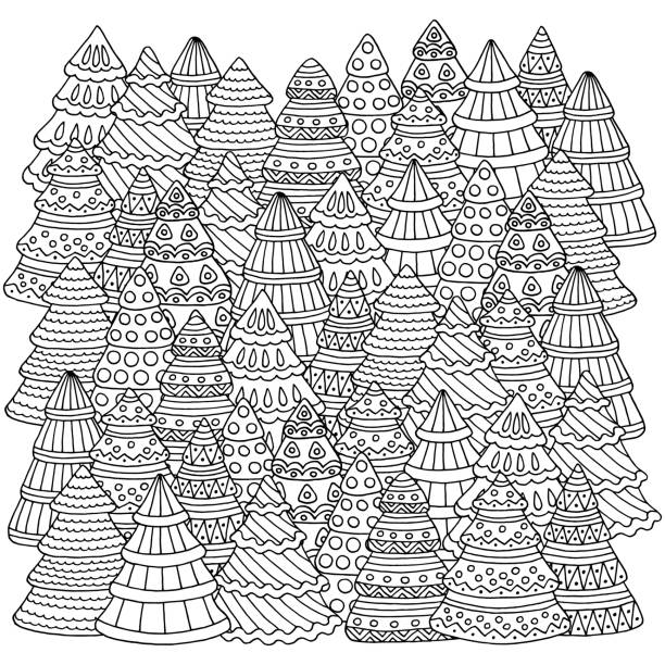 Many handdrawn christmas trees coloring page stock illustration