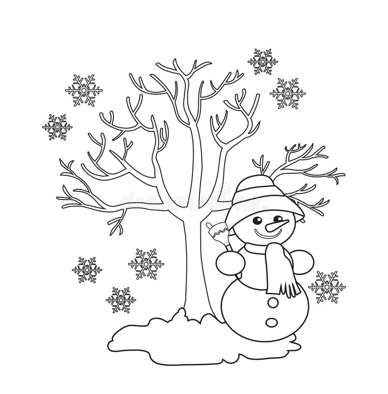 Winter tree cheerful snowman seasonal signs of winter stock vector