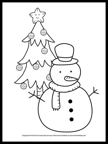 Freebie cute snowman with christmas tree coloring page â the art kit