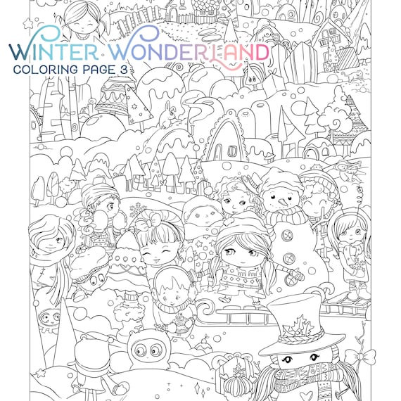 Winter wonderland adult coloring page cute christmas coloring santa girl snowman xmas doodle digital download pdf printable by jen katz download now