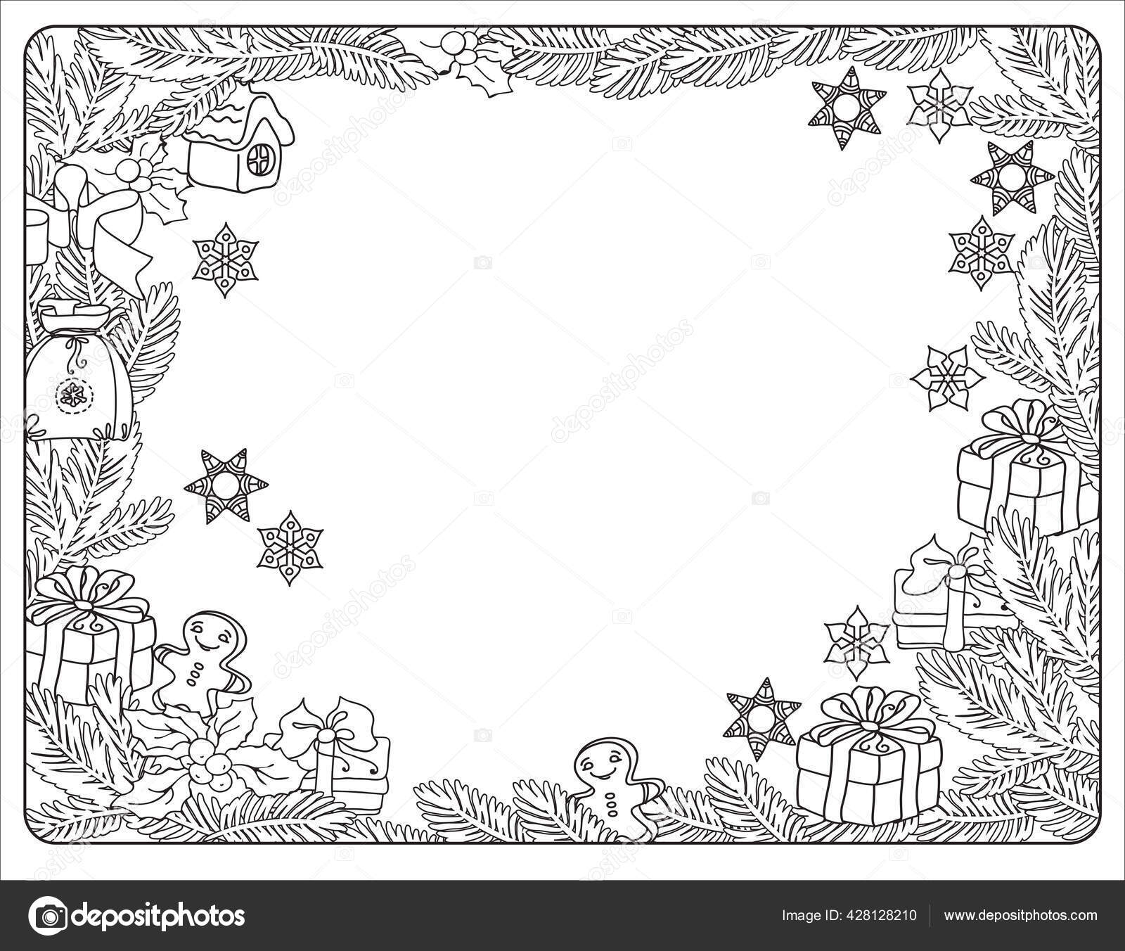Coloring page with winter holidays frame funny christmas symbols vecto illustration stock vector by veye
