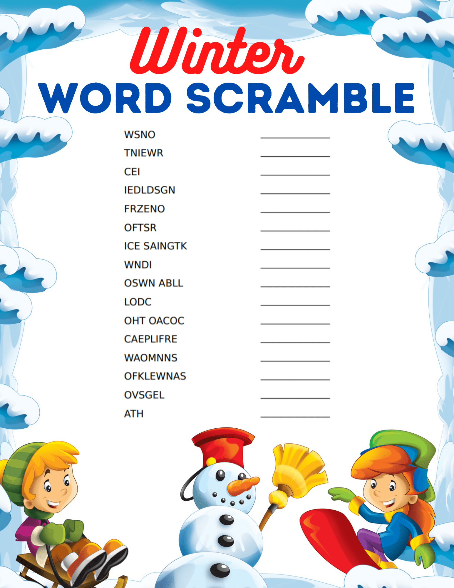 Free printable winter word scramble for kids