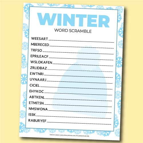 Free printable winter word scramble