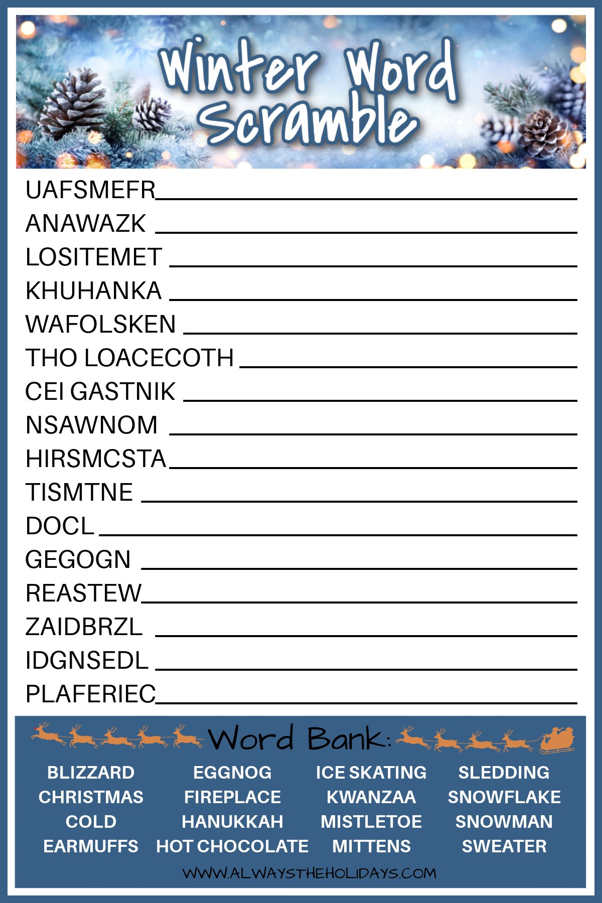 Free winter word scramble printable with answer key included