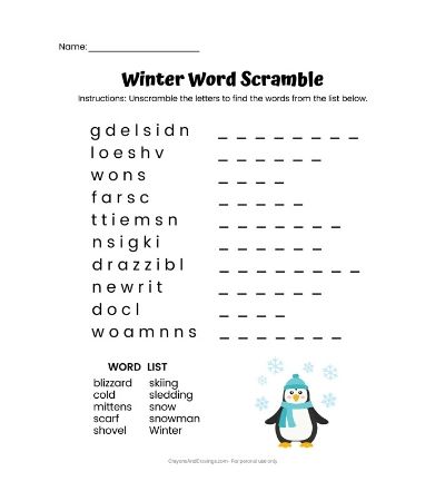 Winter word scramble free printable with answer key