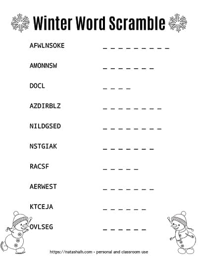 Winter word scramble
