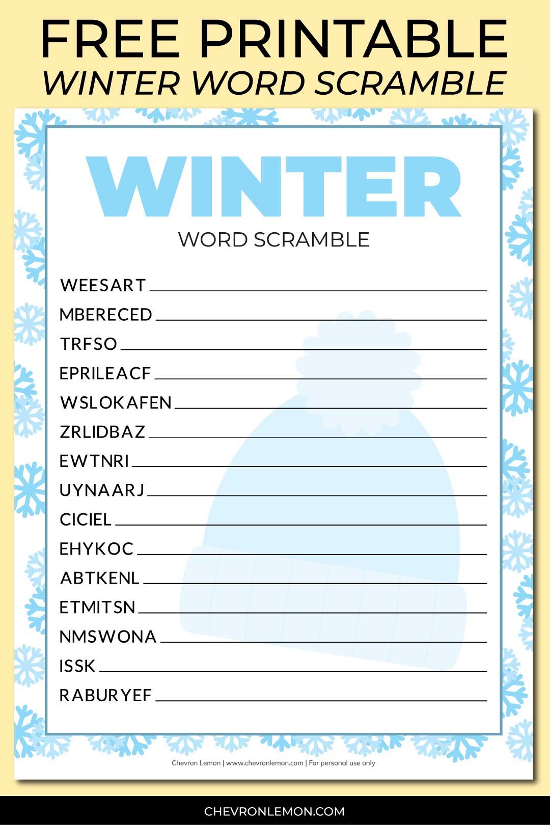 Winter word scramble free printable winter words brain teasers for kids word puzzles for kids