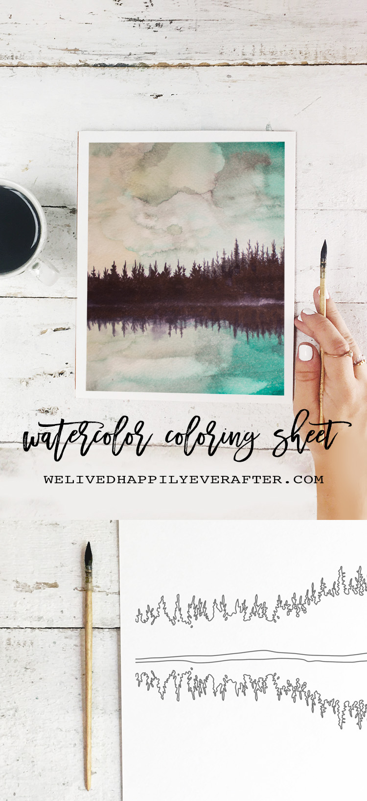 Free winter sky watercolor adult coloring sheet printable we lived happily ever after
