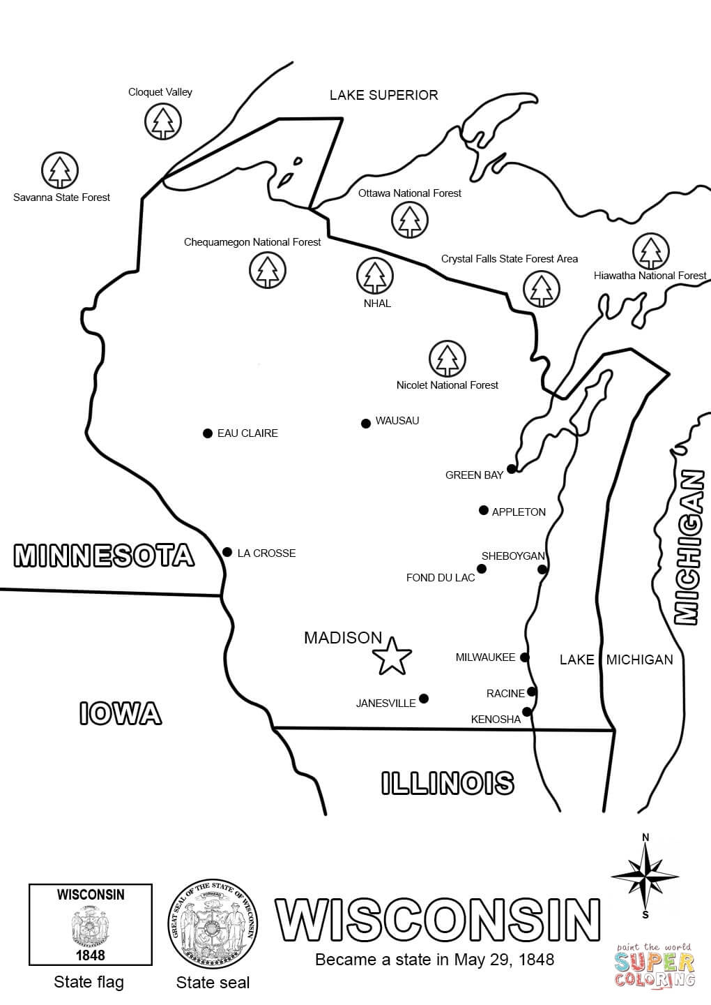 Wisconsin state map coloring page free printable coloring pages