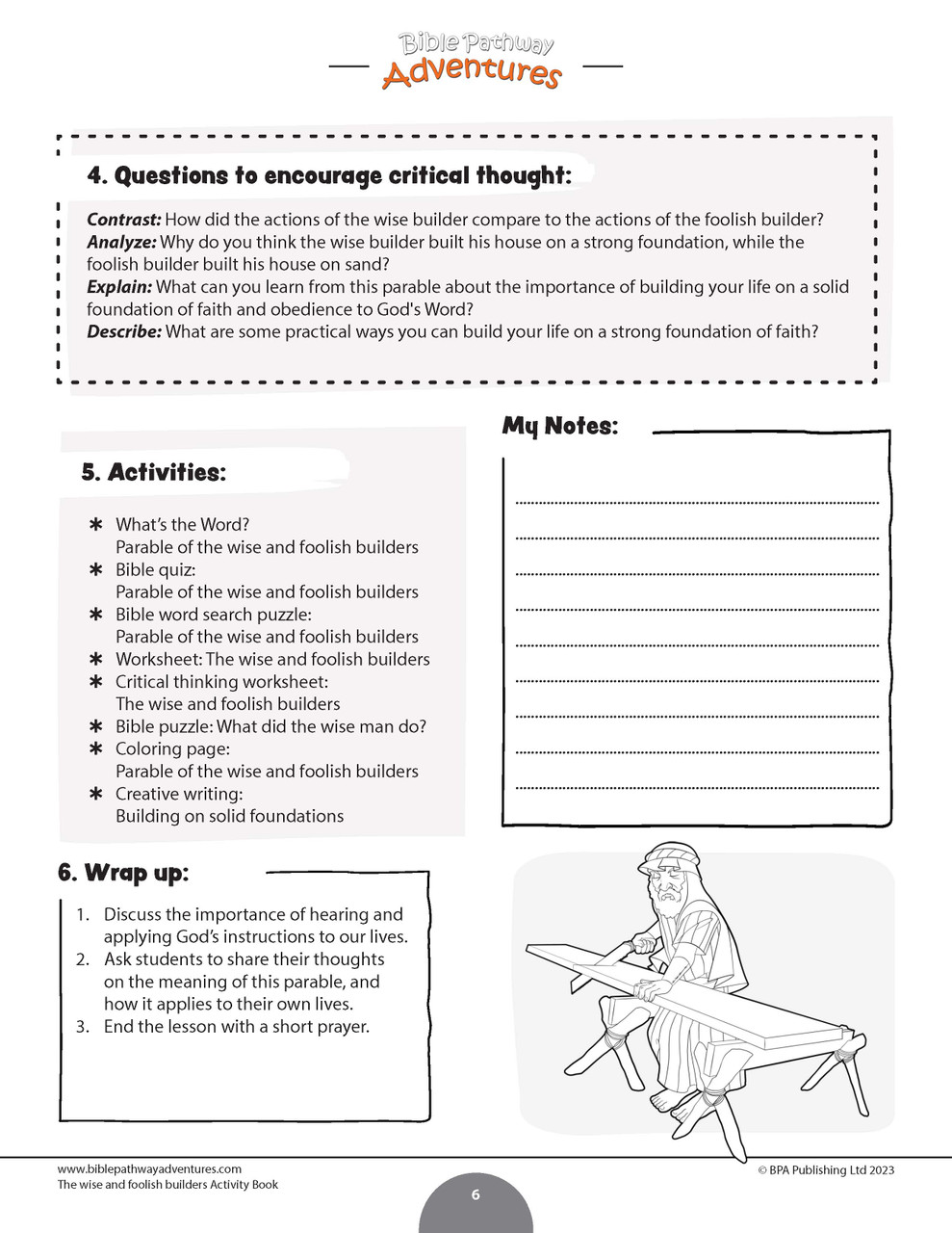 Bible parable the wise foolish builders workbook