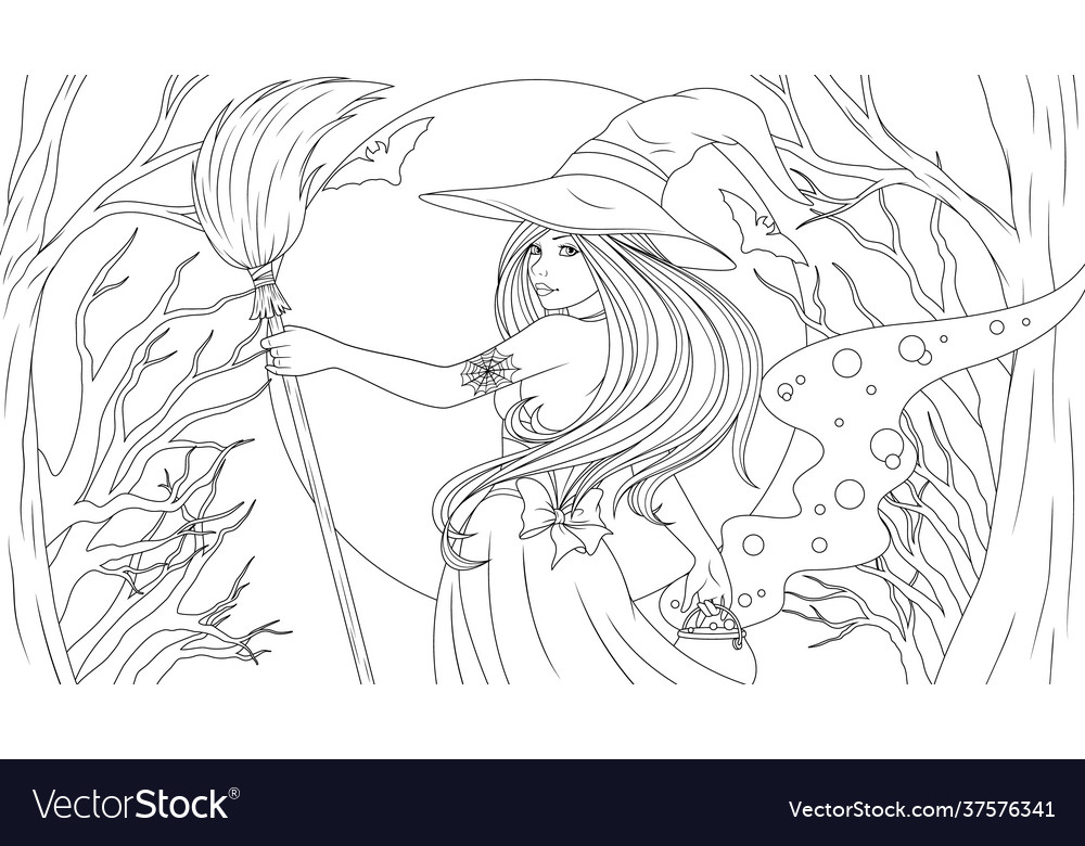 Coloring cute beautiful witch with a broom vector image