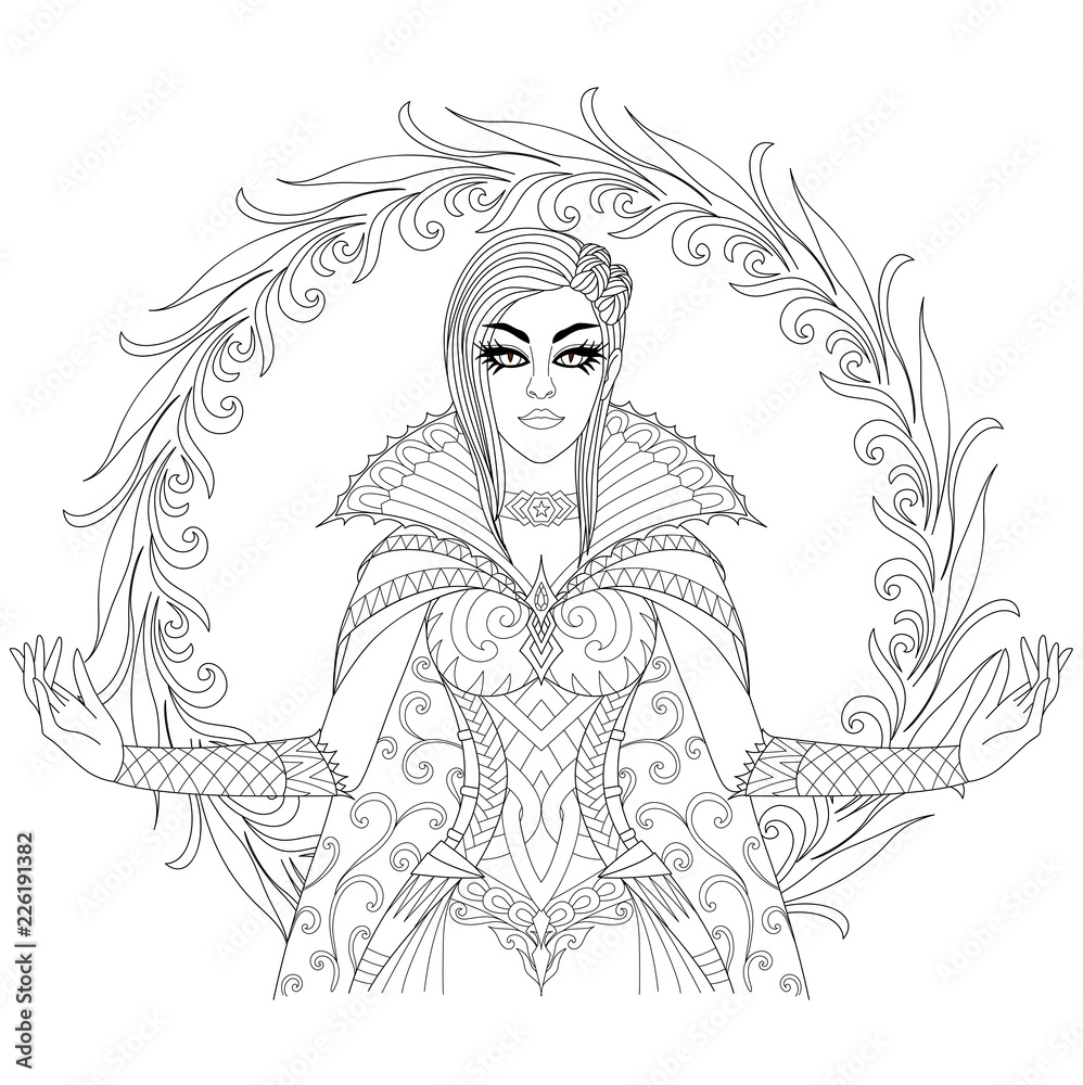 Beautiful witch showing her super power halloween costume theme for design element and adult coloring book page vector illustration vector