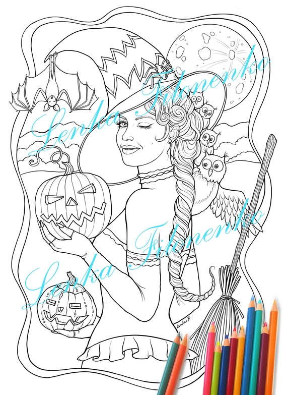 Halloween witch coloring page for adults sexy witch with owls line art pdf download and print