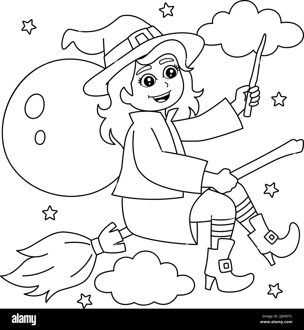 Witch girl in a broomstick coloring page for kids stock vector image art