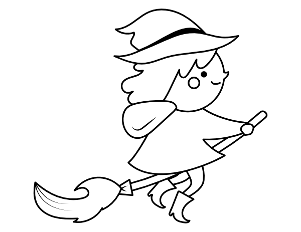 Printable cute witch on a broom coloring page