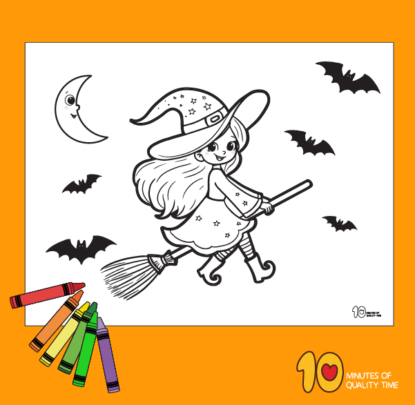 Witch on a broom coloring page â minutes of quality time