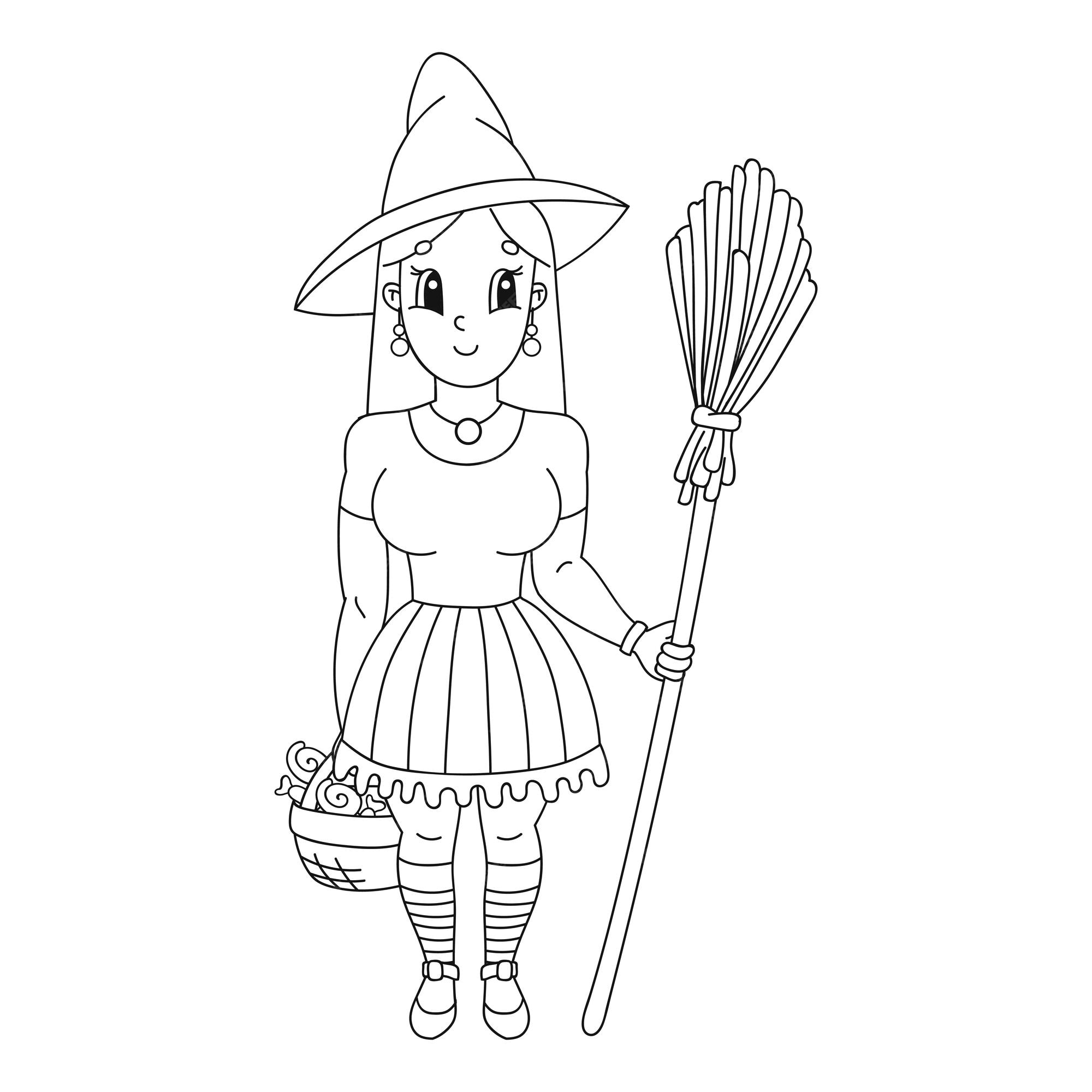 Premium vector halloween witch in hat with broom coloring book page for kids