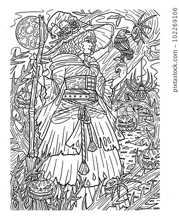 Halloween witch and broom coloring page for adults
