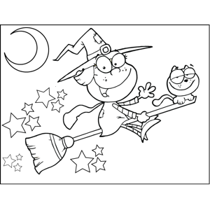 Witch and cat on broomstick coloring page