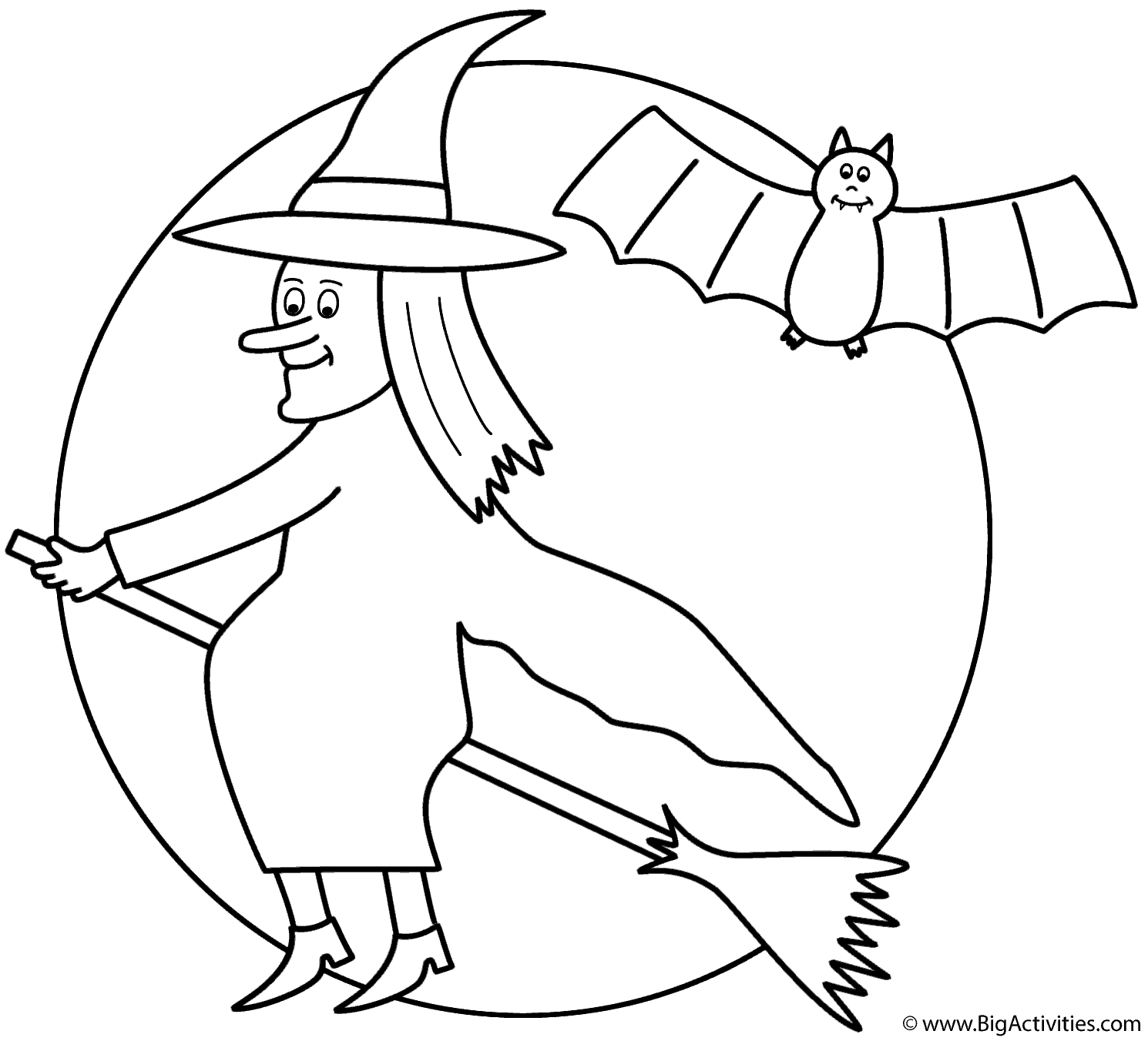 Witch on broom with the moon and bat