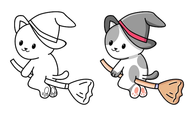 Premium vector cute cat witch coloring page for kids