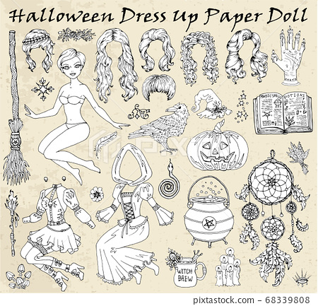 Set of dress up paper doll with halloween witch