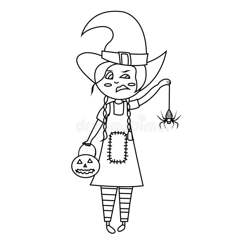 Coloring page halloween vector illustration of girl in witch costume with red hair holding pumpkin and spider emotion stock vector