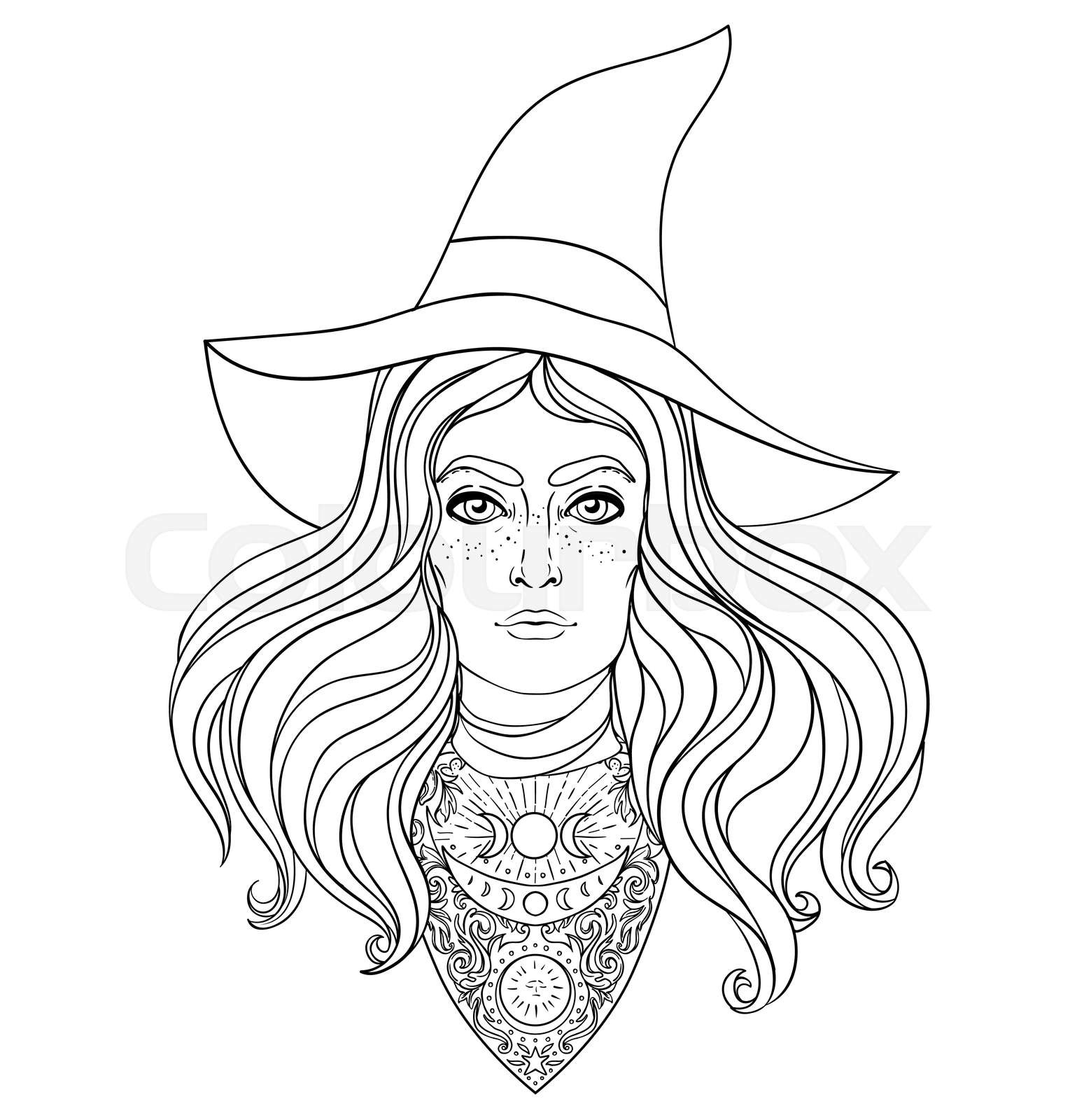 Wiccan witch vector illustration in black and white young woman with long blond hair and magic hat alchemy tattoo art t