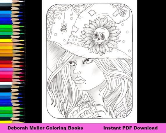 Sunflower witch instant download file pdf halloween fall thanksgiving adult coloring page