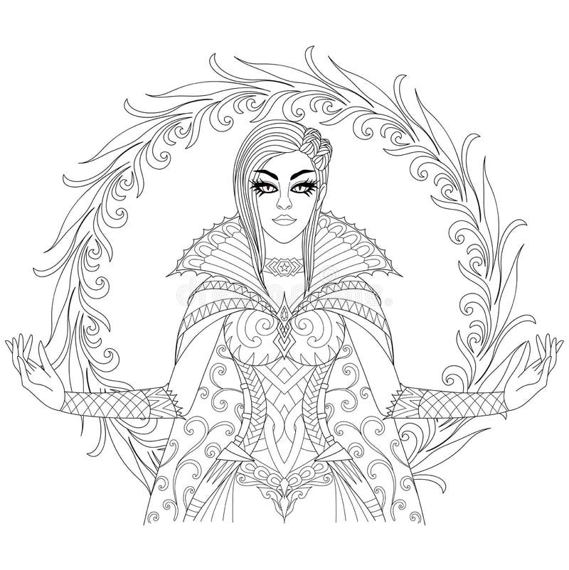 Beautiful witch showing her super power halloween costume theme for design element and adult coloring book page vector illustrat stock vector