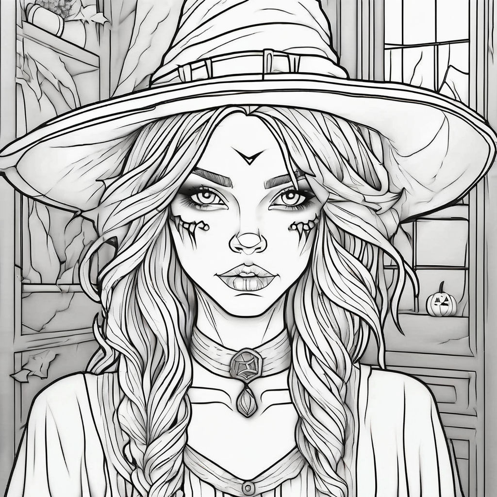 Coloring book page of witch