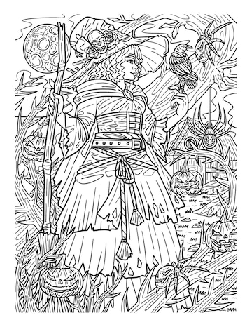 Premium vector halloween witch and broom coloring page for adults