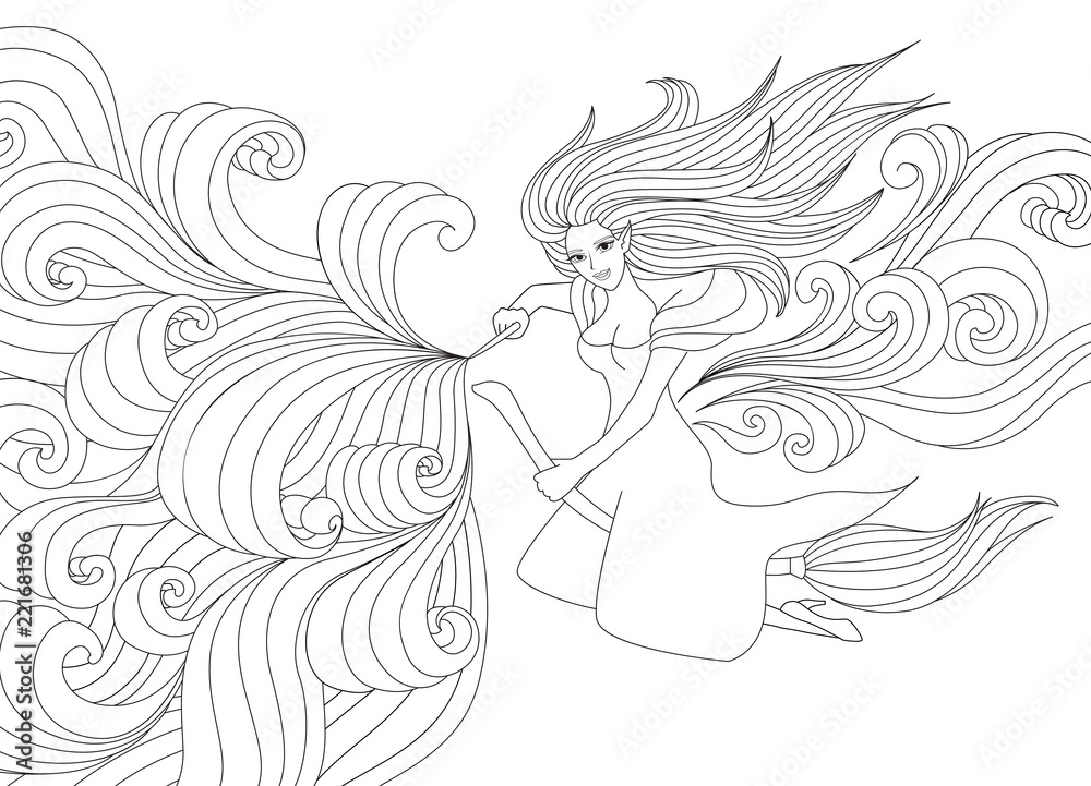 Halloween coloring pages coloring book for adults beautiful witch spelling with scrolling magic antistress freehand sketch drawing with doodle and zentangle elements vector