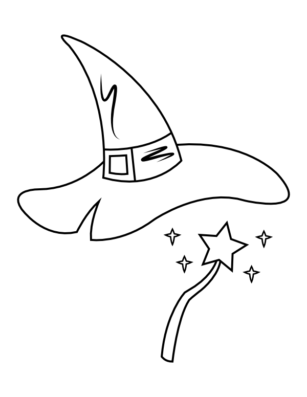 Printable witch hat and wand coloring page