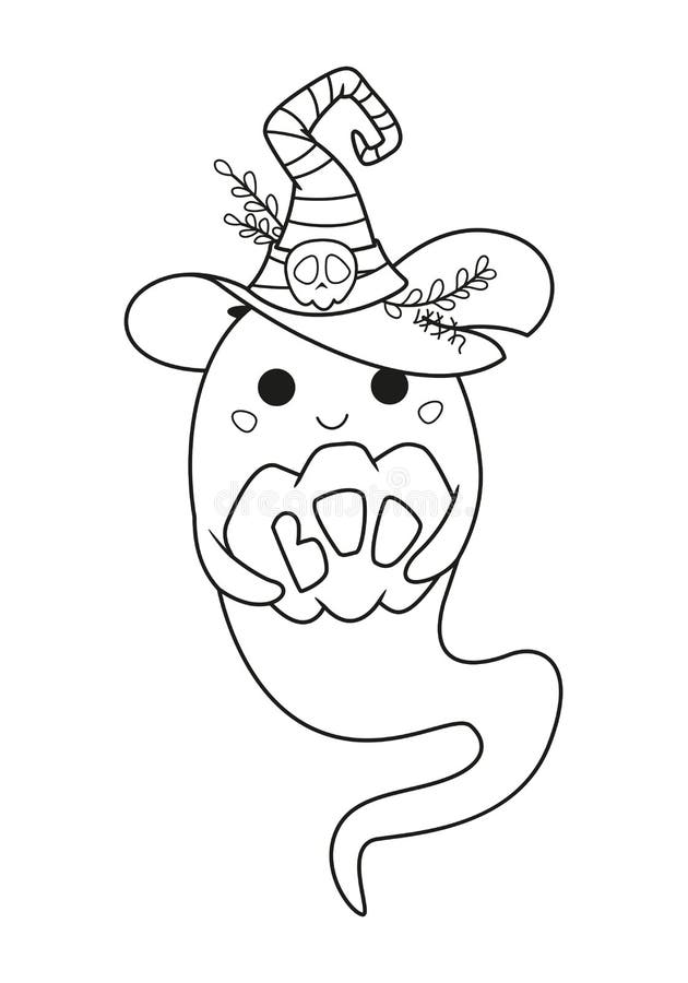 Halloween ghost holding pumpkin in witch hat coloring page outline cartoon illustration stock vector