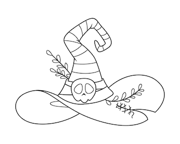 Premium vector witch hat with skull for halloween coloring page