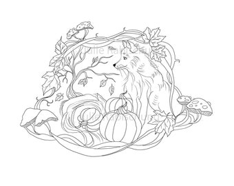 Autumn fox coloring page fox with pumpkins coloring page autumn coloring page autumn garland coloring page fox coloring page