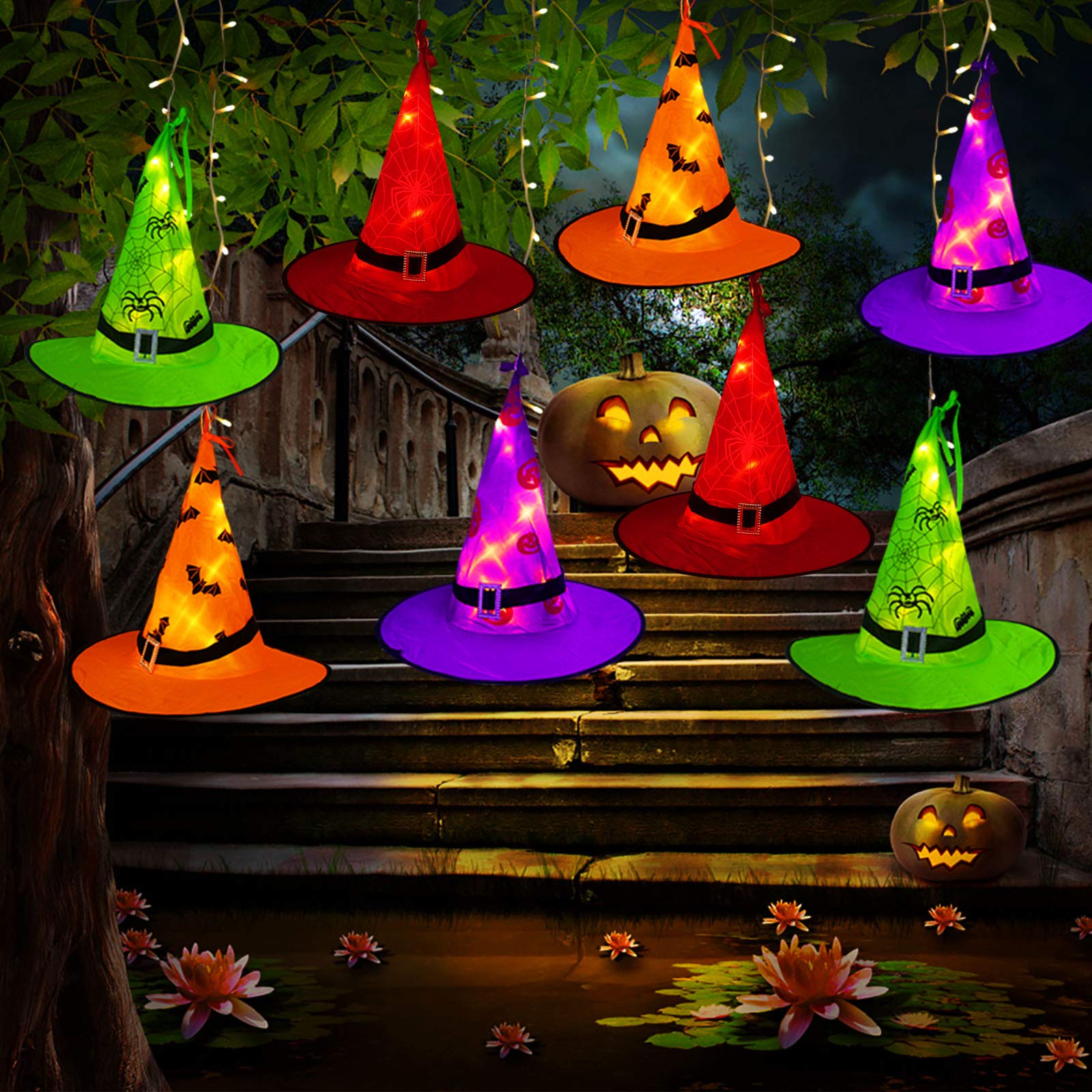 Tcamp halloween decorations lighted witch hats lights pcs hanging glowing witch hats with ft led halloween lights string for indoor outdoor yard tree decor lighting modes tools