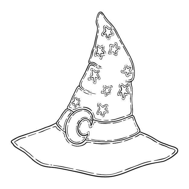 Premium vector witch hat with moon and stars headdress doodle linear