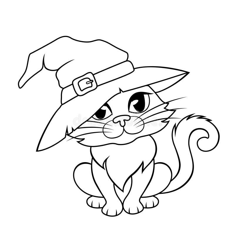Halloween coloring book page cat in the witch hat stock illustration
