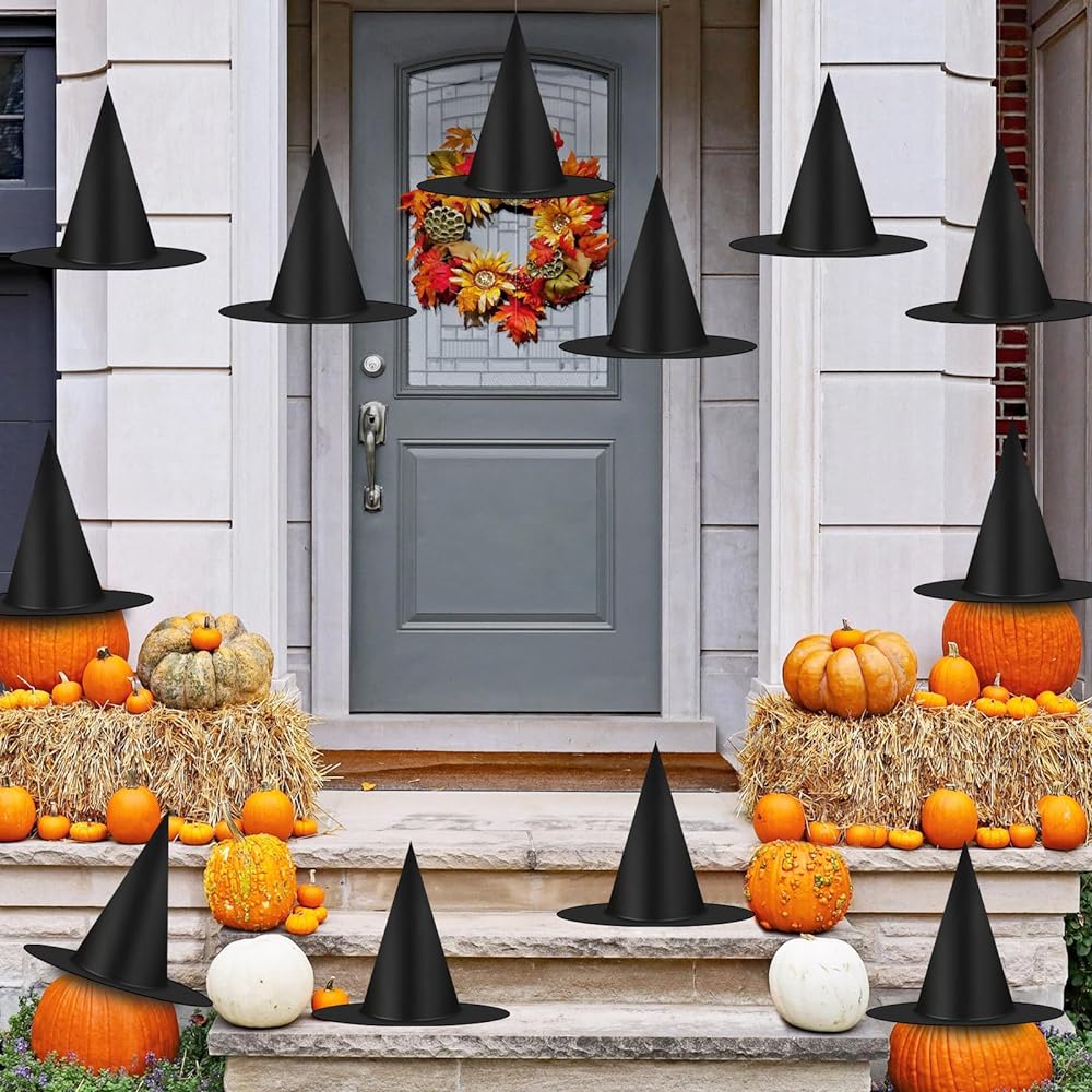 Pcs halloween black witch hats decorations for halloween costume cosplay women kids party favors dressing up thickened hanging wizard hats bulk with rope and hooks floating witches hat for front