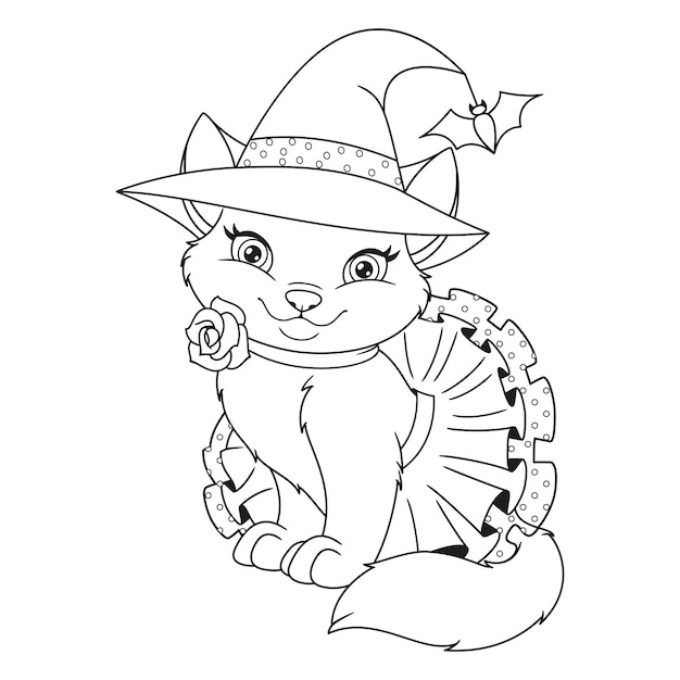 Premium vector cute cat dressed as a halloween witch coloring page